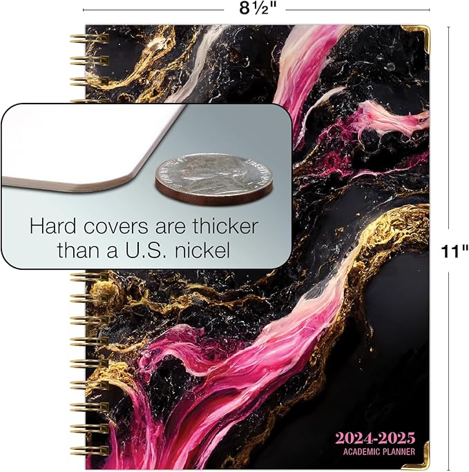 HARDCOVER Academic Year 2024-2025 Planner: (June 2024 Through July 2025) 8.5"x11" Daily Weekly Monthly Planner Yearly Agenda. Bookmark, Pocket Folder and Sticky Note Set (Dark Gold Marble)