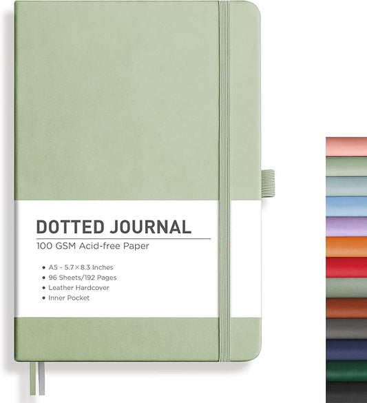 RETTACY Bullet Dotted Journal, A5 Dotted Notebook Journal with 192 Pages, 5.7'' × 8.3'', Medium Size, 100 GSM Thick Paper, Leather Hardcover, Bullet Journaling, Planning (Light Green)