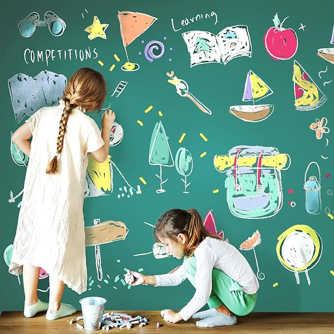 Chalkboard Wallpaper Stick and Peel: Green Contact Paper Classroom Chalkboard Stickers Chalk Board Paint Self Adhesive Wall Paper with 8 Colorful Chalks (17.5 X 78.7 Inches)