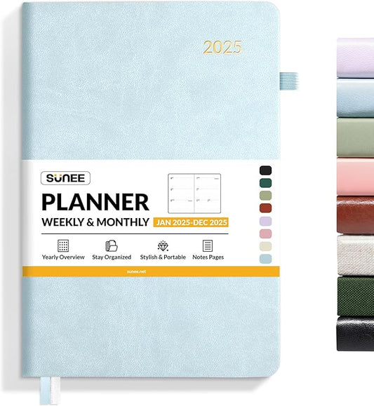 SUNEE 2025 Weekly & Monthly Hardcover Planner 5.5" x 8.3" - 12 Month (January 2025 - December 2025), Small Hardcover Planner, Pocket, Notes, 100 GSM Paper, Grey Blue