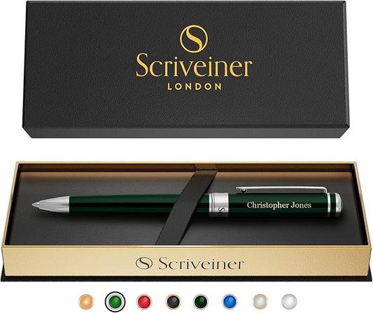 Scriveiner Personalized British Racing Green Pen - Stunning Green Lacquer Luxury Pen with Chrome Finish, Schmidt Ink Refill, Best Engraved Ball Point Gift Set for Men & Women, Custom Name Engraving