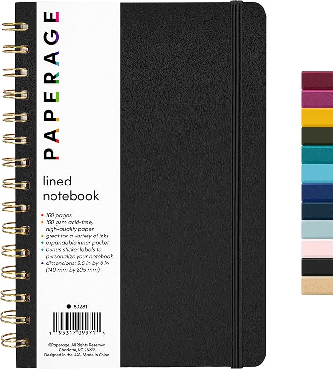 PAPERAGE Lined Spiral Journal Notebook, (Black), 160 Pages, Medium 5.5 inches x 8 inches - 100 GSM Thick Paper, Hardcover, Double-Wire Spiral Journal & Notebook