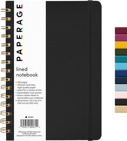 PAPERAGE Lined Spiral Journal Notebook, (Black), 160 Pages, Medium 5.5 inches x 8 inches - 100 GSM Thick Paper, Hardcover, Double-Wire Spiral Journal & Notebook