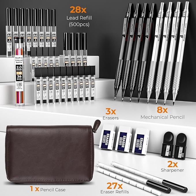 Nicpro 45PCS Black & Silver Metal Mechanical Pencil Set in Leather Case, Art Drafting Pencil 0.5, 0.7, 0.9 mm, 2mm Lead Holders for Sketching Drawing With 27 Tube (6B 4B 2B HB 2H 4H Colors)Lead Refill