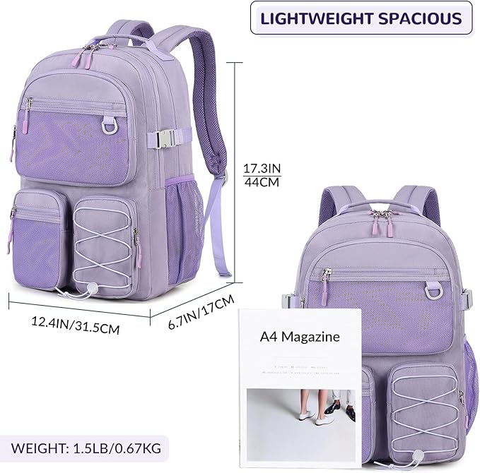 Lohol Water Resistant Backpack with Mulitiple Pockets for Travel Outdoor College, 15.6 inch Laptop Bookbag for Girl and Women (Purple