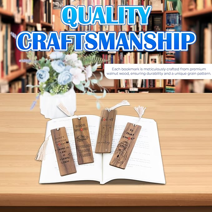 Funny Gifts Bookmark for Women – Set of 4 Wooden Bookmarks with Tassels, Made from Walnut Wood,Funny Bookmark Gift for Men and Women, Novelty Gag Bookmark for Book Lovers,Christmas Stocking Stuffer