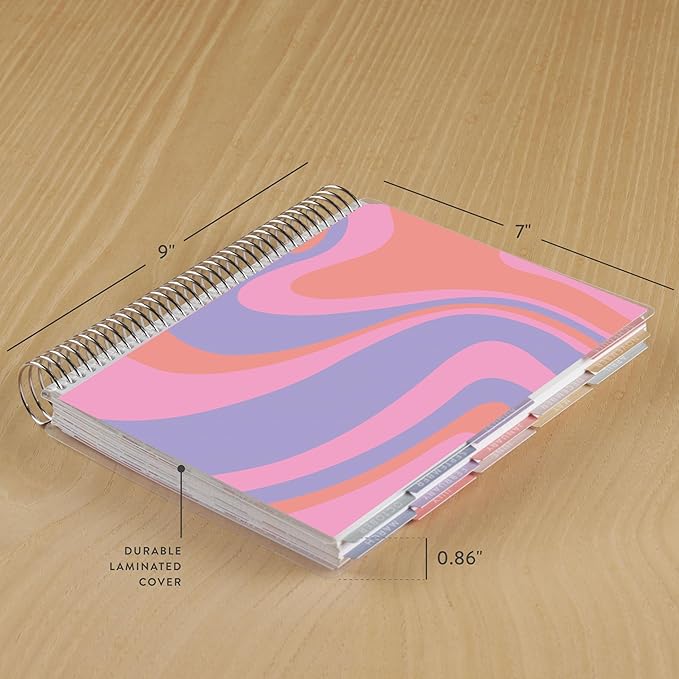 Erin Condren 12-Month Spiral Academic Planner (Jan 2025 - Dec 2025) | 7x9 School Agenda, Notebook and Calendar | 80 Lb. Text Weight Paper | Groovy Waves Cover and Floral Interior, Platinum Coil