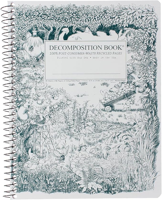 Decomposition Gardening Gnomes College Ruled Spiral Notebook - 9.75 x 7.5 Journal with 160 Lined Pages - 100% Recycled Paper - Cute Notebooks for School Supplies, Home & Office - Made in USA