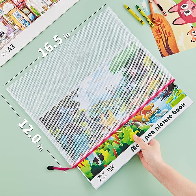 JARLINK A3 (16.9x12.4 in, 24 Pcs) Mesh Zipper Pouch, 12 Colors Extra Large Zipper Bags, Waterproof File Pouches for Office Supplies, Puzzles, Board Game, School, Travel Accessories & Craft Projects