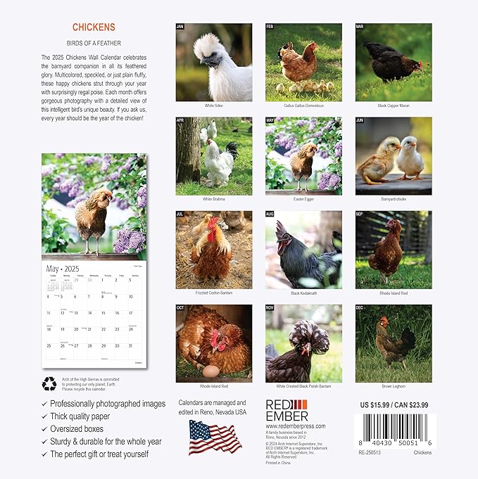 RED EMBER Chickens 2025 Wall Calendar 12 Month | 12" x 24" Open | Thick & Sturdy Paper | Giftable | Calendar 2025