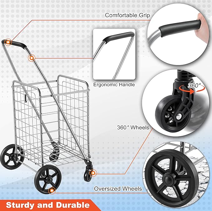 Wellmax WM99024S Grocery Utility Shopping Cart, Easily Collapsible and Portable to Save Space and Heavy Duty, Light Weight Trolley with Rolling Swivel Wheels