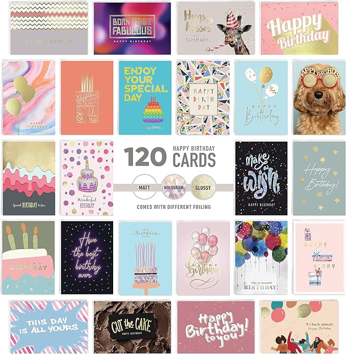 easykart labels 120 Unique Birthday Cards Assortment with Greetings Inside. For Businesses and Individuals, 4x5.5 Inch Assorted Foiling Cards with Envelope with Sealing Stickers