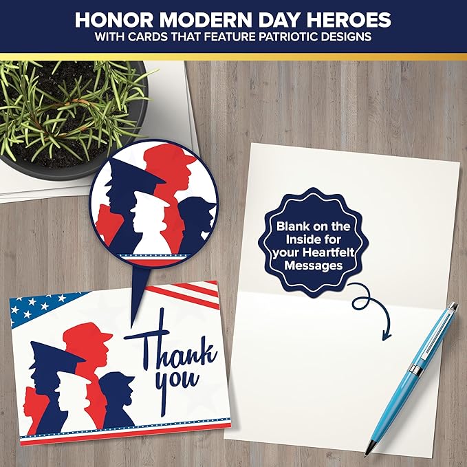 Decorably 120 Pack 6x4in Veterans Day Cards Bulk with Envelopes and Stickers, 12 Designs Military Thank You for Your Service Cards, Patriotic Thank You Cards Blank Inside