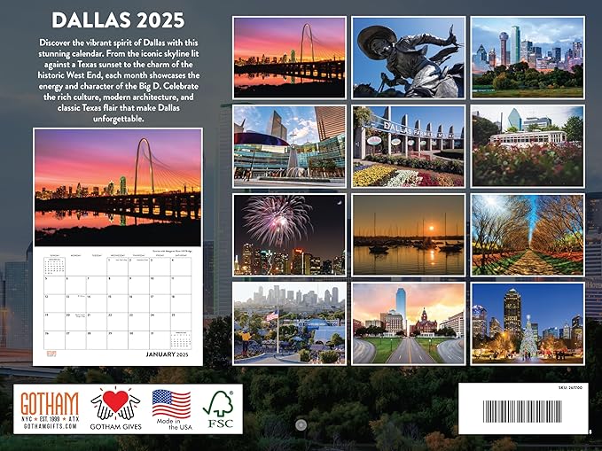 Dallas Texas TX Calendar 2025 Monthly Wall