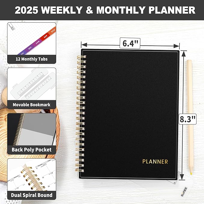 SUNEE 2025 Weekly and Monthly Planner - from January 2025 - December 2025, 6.4" x 8.3" Daily Agenda Planner with Monthly Tab, Flexible Cover, Note Pages, Pockets, Bookmark, Spiral Binding, Black