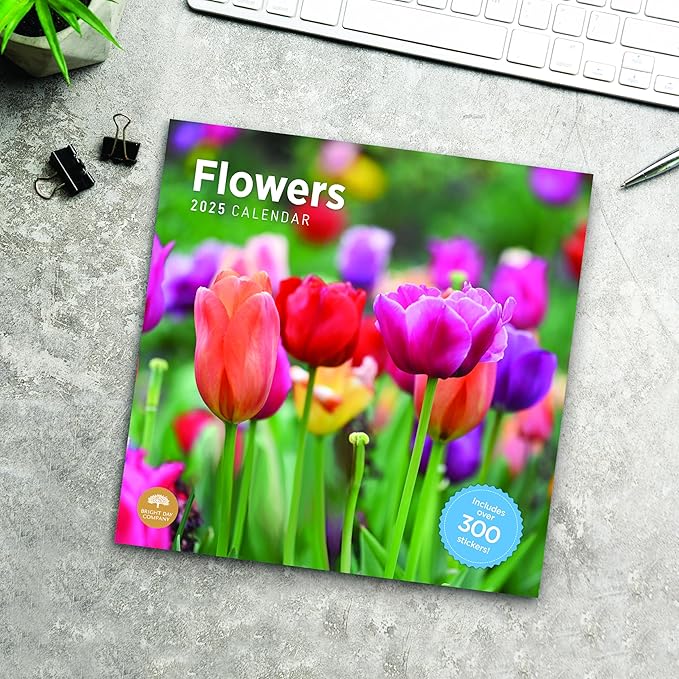 2025 Flowers Monthly Wall Calendar by Bright Day, Includes Over 300 Stickers, 12 x 12 Inch