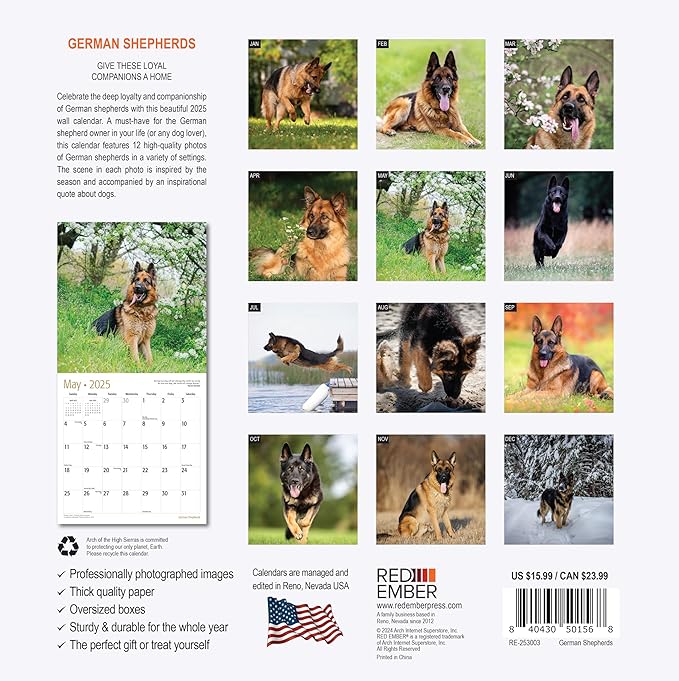 RED EMBER German Shepherds 2025 Wall Calendar 12 Month | 12" x 24" Open | Thick & Sturdy Paper | Giftable | Calendar 2025