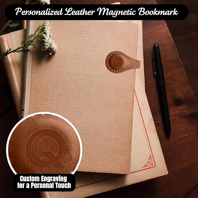 Personalized Leather Magnetic Bookmarks (1 Pack) Vintage Custom Engraved Initial ID Identification Book Marker Clip Gift for Book Lover Avid Readers (Letter Q, Light Brown)