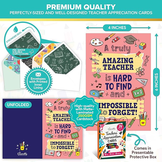 Decorably 24 Pack 4x6in Teacher Appreciation Cards with Envelopes and Stickers, 8 Colorful Designs Teacher Thank You Cards from Students with Printed Message Inside