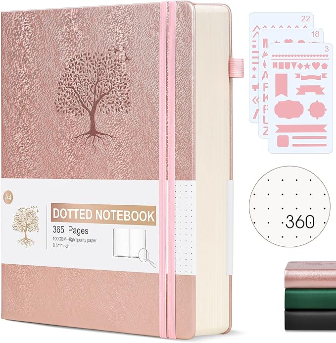 Dotted Journal Notebook, 360 Numbered Pages Dot Grid Notebooks 8.5 x 11, 100gsm Dot Paper Thick Hardcover Leather Journals for Writing Women Men, A4 Large Bullet Dotted Notebooks for Work Pink