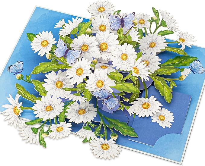 Daisy Pop Up Cards, White Daisy, Butterfly, 3D Greeting Cards, Gifts for Birthday, Mothers Day, Valentines Day, Mom, Wife, Girlfriend, Sister, 5x7 - Includes Envelope And Message Note