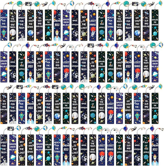 Christmas Space Theme Bookmarks with Metal Charms Planet Rocket Space Ship Theme Bookmarks Inspirational Quotes Bookmarks for Space Christmas Party Favors Gifts Kids Boys Girls Encourage(72 Pieces)