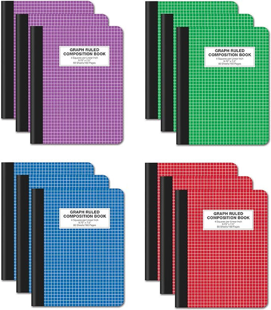 Better Office Products Quad Ruled Composition Book Notebook, 12 Pack, Hardcover 4x4 Graph Ruled Paper, 80 Sheets, 9.75" x 7.5", Assorted Color Covers, 12 Pack