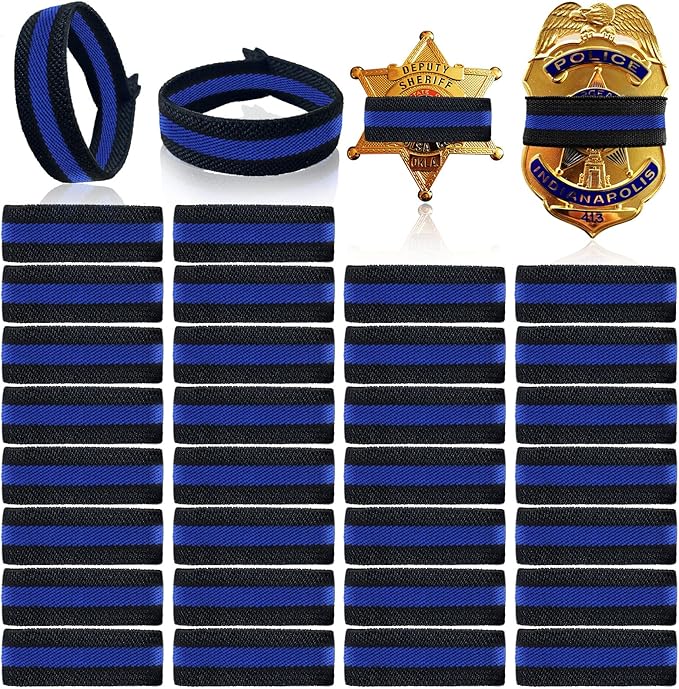 CREATRILL 30 Pack Thin Blue Line Police Mourning Band Stripe Police Officer Badge Shield Funeral Honor Guard Straps for Badge Size of 2.4" to 4"