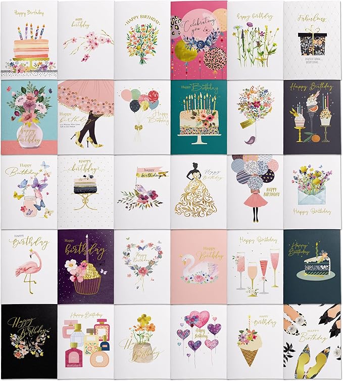 Dessie 30 Unique Gold Foil Birthday Cards for Women with Envelopes, Sealing Stickers and Personalized Gold Foil Lettering. Birthday Cards for Her