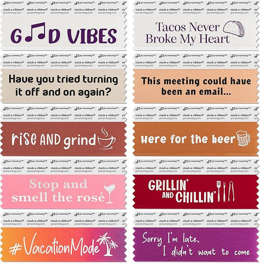 Icebreaker Corporate Badge Ribbons with Adhesive, 4" x 1-5/8" 100pk (10 Titles, 10 per Title), Satin Ribbon