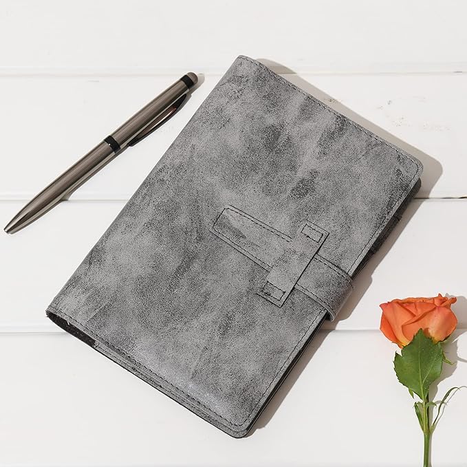 Wonderpool Leather Journal Refillable Binder A6 Writing Notebook Folder Organiser with Dotted Paper & Multi Pockets Cover for Business School Travel (A6, Grey)
