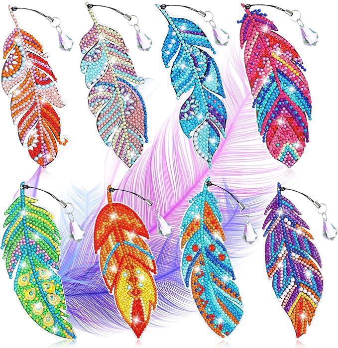 8 Pcs 5D Diamond Painting Bookmarks Kits DIY Feather Bookmark Diamond Art Bookmarks Crystal Shaped Diamond Feather Bookmark for Home Office Project