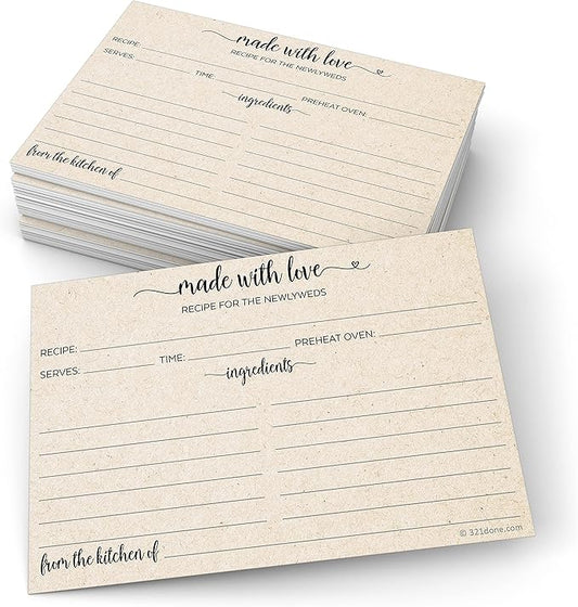 321Done Recipe Cards for the Newlyweds (Set of 50) 4x6 Rustic Kraft - Simple, Cute Made with Love Heart Design - Double-Sided - For Bridal Shower, Wedding, Recipe Box Gift - Made in the USA