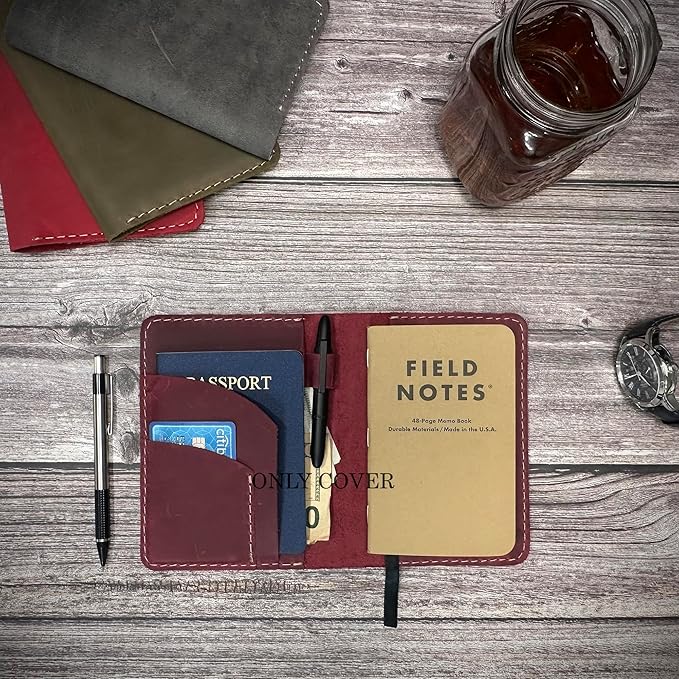 Thot Ra Leather Cover for Field Notes, Passport Cover, Leather Notebook Cover for 3.5" x 5.5" with Pen Holder, Only Cover (Wine)