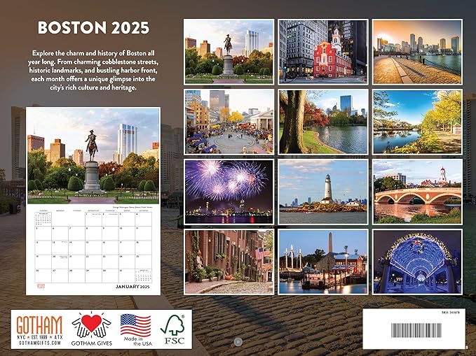 Boston Calendar 2025 Monthly Wall 12 Month | American Made In The USA