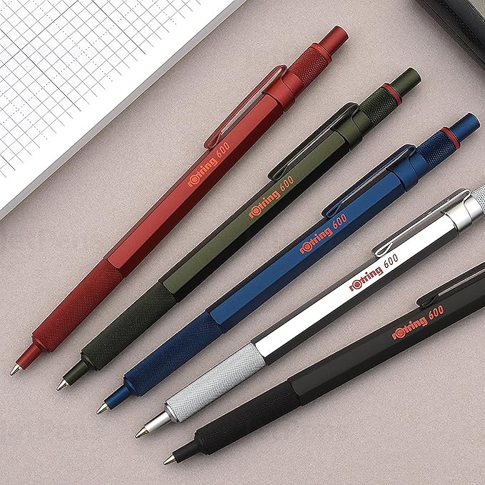 rOtring 600 Retractable Metal Ballpoint Pen, Medium Point, Black Ink, Black Barrel, Great Gift for Coworker