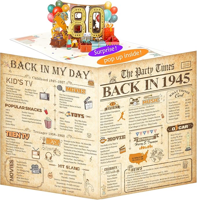 80th Birthday Card for Men Women, Funny 3D Pop Up 80th Birthday Gifts for Grandma Mom Dad, Back In 1945 Happy 80 Year Old Birthday Decorations Cards for Her Him, Classy Vintage