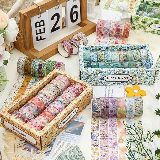 18 Rolls Blossom Washi Tape Set Floral Arts Adhesive Tapes Flowers Garden Decorative Masking Tape Sets for Craft, Kids, Scrapbook, DIY, Gift Wrapping (Blossom Festival)