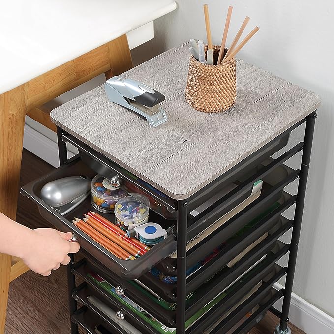 SunnyPoint Wooden Top Compact Rolling Storage 8 Drawers Organizer Mobile Utility Cart, Under Desk Storage Cart with Caster Wheels (Compact 8 Drawers, Black)