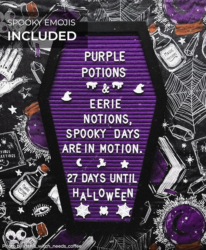 Coffin Letter Board Purple With Spooky Emojis +500 Characters, and Wooden Stand - 17x10.5 Inches - Gothic Halloween Decor Spooky Gifts Decorations
