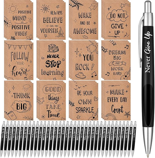 Yeaqee 72 Pcs Motivational Pens Notepads Gifts Set Inspirational Quote Ballpoint Pen Small Notebook Mini Journal Bulk Gifts for Teacher Coworker Gifts Women Office School(Positive)