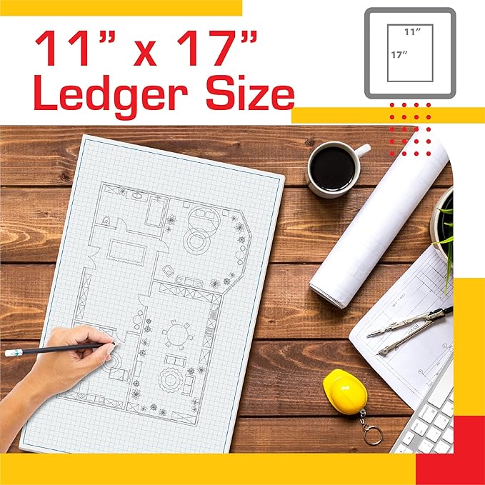 Graph Paper Pad, 17" x 11", 50 Sheets, Blue Line Border, Blueprint Paper, Double Sided, White, 4x4 Blue Quad Rule, Easy Tear Sheets, Grid Paper, Graph Paper by Better Office Products