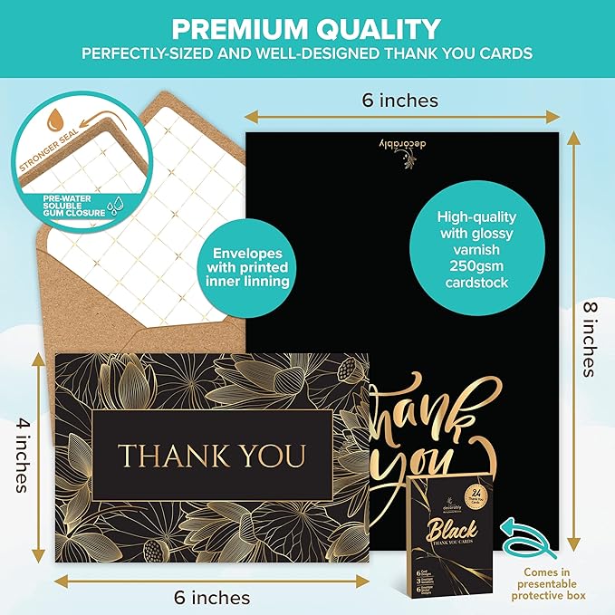 Decorably 24 Pack Gold-Foiled 6x4in Black and Gold Thank You Cards with Envelopes & Stickers, 6 Elegant Designs Black Thank You Cards, Blank Inside - Birthday, Wedding, Anniversary
