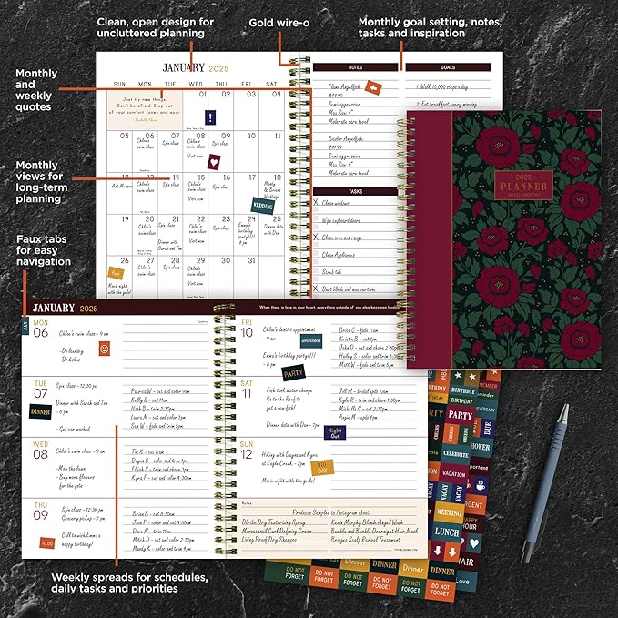 TF PUBLISHING 2025 Victorian Blooms Medium Weekly Monthly Planner Case of 32 - Goals & Task Trackers - Planner Monthly and Weekly with Organizer Stickers - 12 Month Calendar Planner - 6.5" x 8"