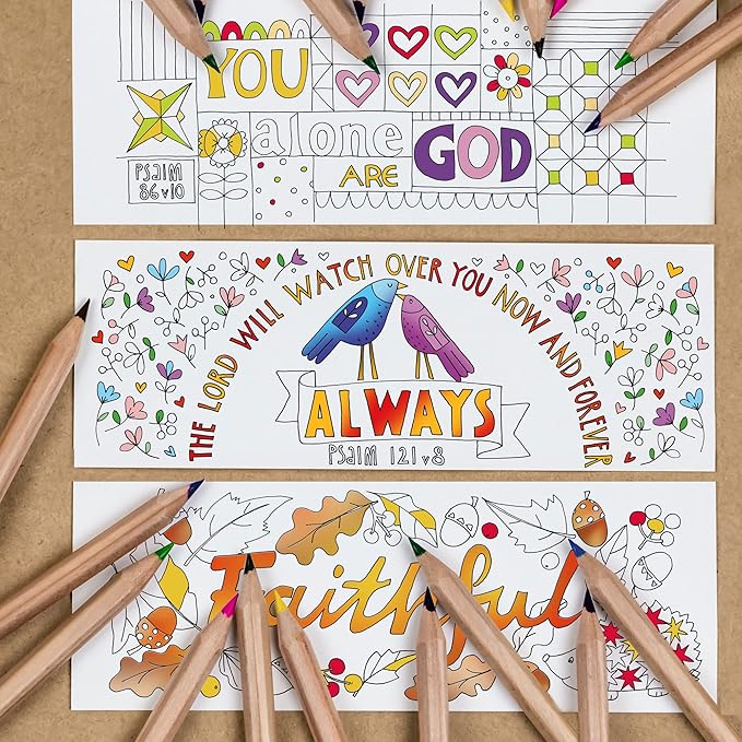 Christian Colouring Bookmarks, Psalms, Pack of 10 Different Designs, with Coloured Bible Verse on Reverse. Makes a Great Christian Gift for Adults or Children, by Just Cards Direct. (White/EPBM)