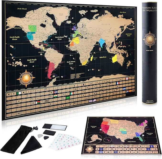 InnovativeMap Scratch Off World Map Poster and Detailed United States Map, Includes Complete Accessories Set and All Country Flags, World Maps for Wall, Fun Gifts for Travelers