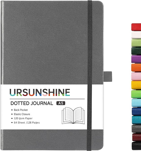 Dotted Journal/Notebook - Dot Grid Hard Cover Notebook, Premium Thick Paper with Fine Inner Pocket, Black Smooth Faux Leather, Pen Loop, 5.3'' x 8.26'' - Gray