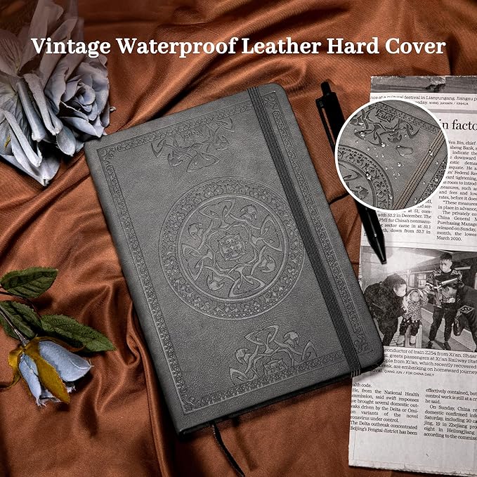 CAGIE Leather Journal for Men Hardcover Journals for Writing with Pen, 290 Pages Lined Journaling Notebooks for Work Leather Vintage Journal Notebook, 6.1" x 8.5", Gray