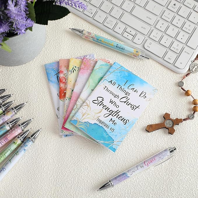 Colarr 24 Pcs Christian Bulk Gifts for Women Men Bible Verse Pens and Notebooks Religious Easter Gifts Scripture Ballpoint Pens Journals Sunday School Church Inspirational Study Supplies(Flower)