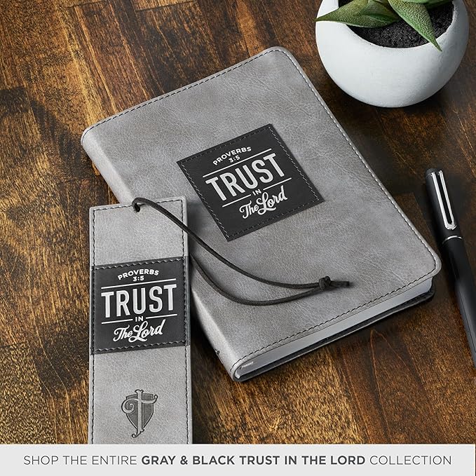 Christian Art Gifts Black Charcoal Gray Faux Leather Bookmark for Men: Trust in the Lord - Proverbs 3:5 Inspiring Bible Verse, Heat-debossed w/Silver Foil Accents Cross, Shield and Sturdy Leather Cord